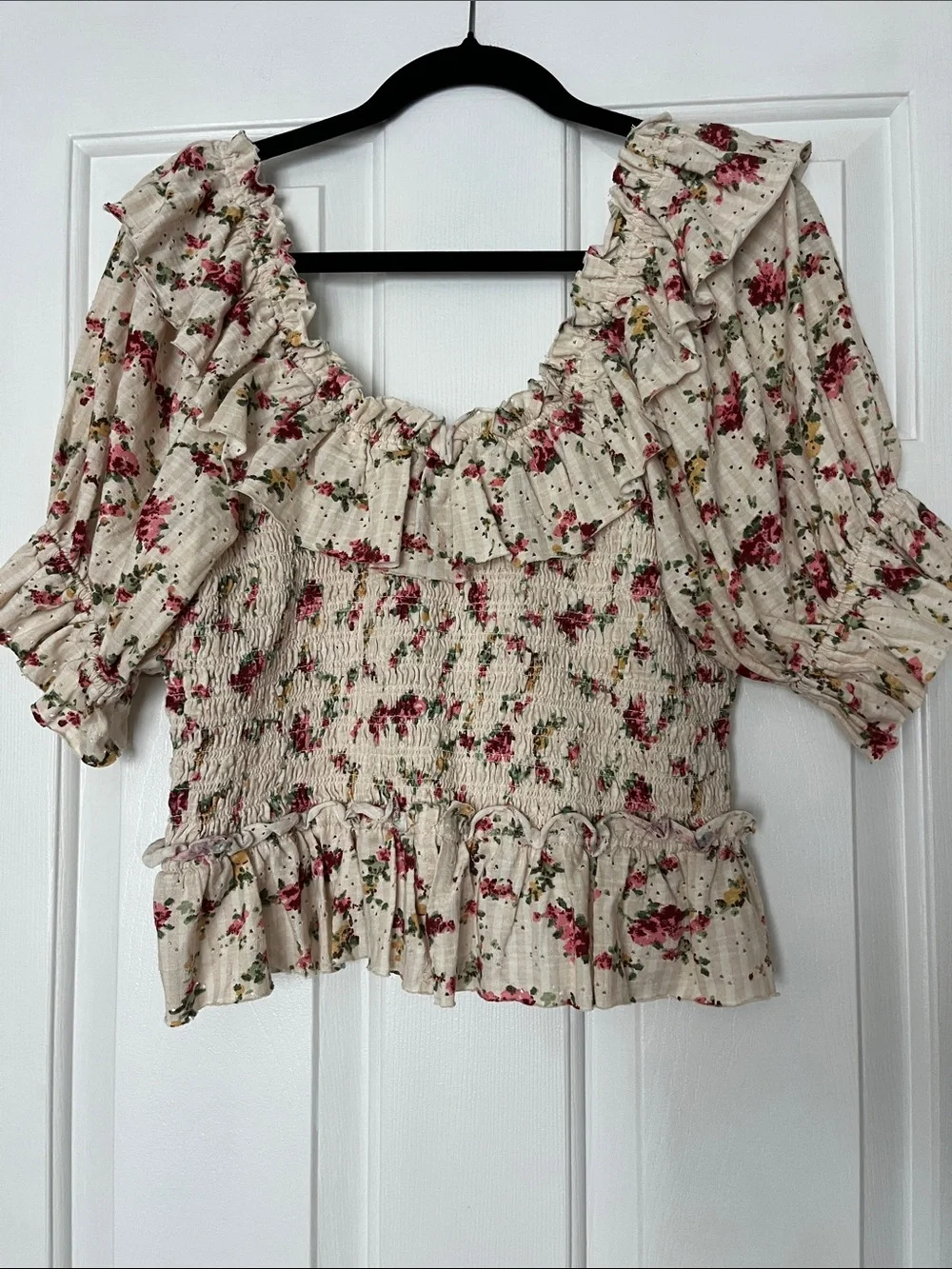 Free People Favorite Girl Smocked Floral Crop Top Cream Ruffle Shabby Chic M